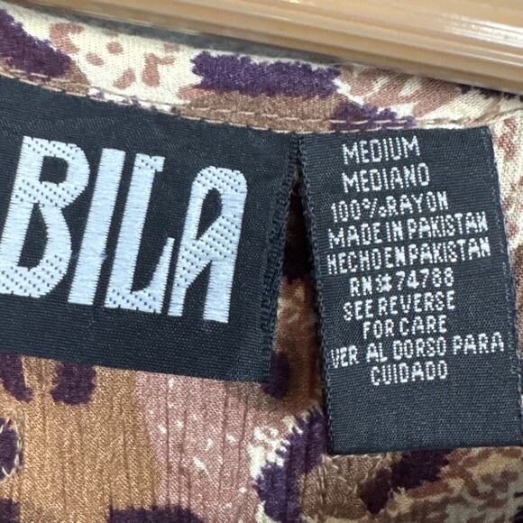 80's Bila Animal Print Midi Dress Tie Waist Shoulder Pads SZ M Retro Vintage - Picture 7 of 8